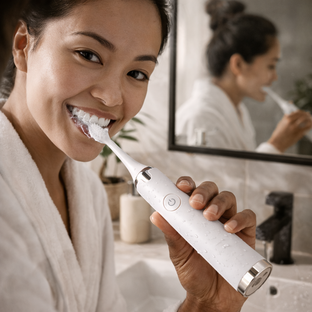 Woman brushing her teeth with a white electric toothbrush in a bathroom setting.